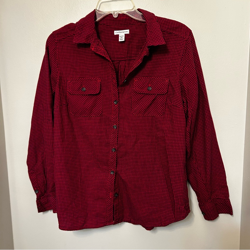 Croft‎ & Barrow Womens Top PM Petite M Red Black Check Plaid Flannel EUC Button